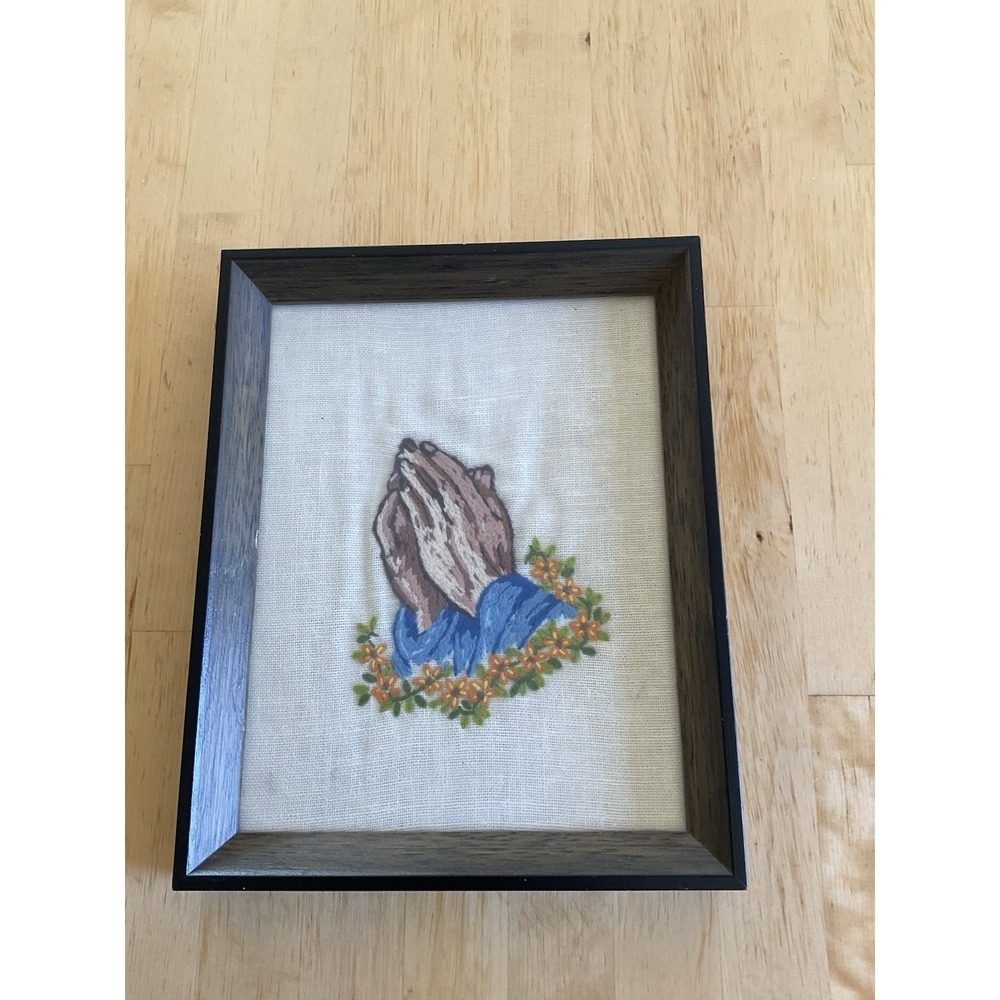 Handmade Praying Hands Vintage Tapestry Framed Artwork 8x10"